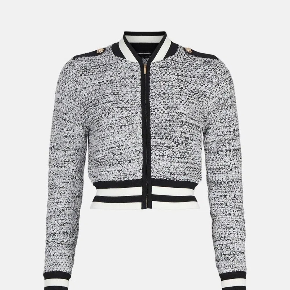 NWOT Karen Millen Black White Tweed Knit Bomber Jacket Zip Sz M